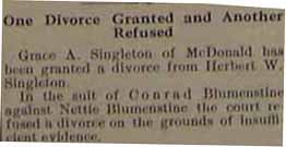 Newspaper Divorce Notice for Grace A. SINGLETON from Herbert W. SINGLETON, in newspaper 
9-25-1914