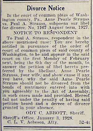 Divorce Notice Paul A. STRAUSS from Anne Pearle STRAUSS