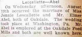 Marriage Notice for Elmer ABEL to Jennie Lescallette, 19 Aug 1925