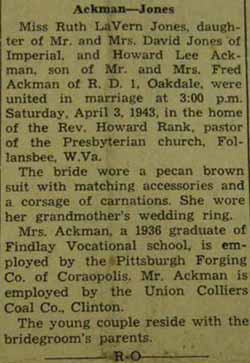 Marriage Notice for  Howard Lee ACKMAN to Ruth LaVern Jones, 3 Apr 1943
