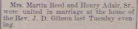 Marriage Notice for Henry ADAIR, Sr. to Mrs. Martin REED, Tues., Feb. no date, 1910
