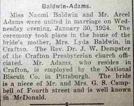 Marriage Notice for Arcel ADAMS to Naomi Baldwin, 30 Jan 1924