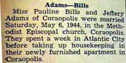 Marriage Notice: Miss Pauline BILLS and Jeffery ADAMS