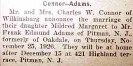 Marriage Notice for Frank Edmund ADAMS to Mildred Margaret Connor, 25 Nov 1926