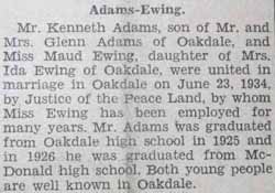 Marriage Notice for Kenneth ADAMS to Maud Ewing, 23 Jun 1934