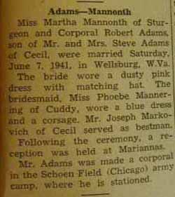 Marriage Notice for Miss Martha MANNONTH and Corporal Robert ADAMS