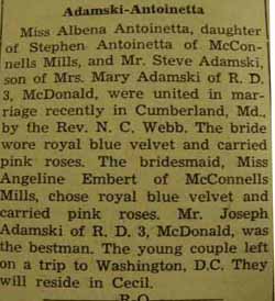 Marriage Notice for Miss Albena ANTOINETTA and Mr. Steve ADAMSKI
