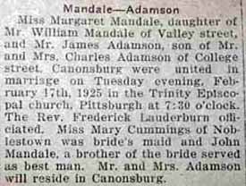 Marriage Notice for James ADAMSON to Margaret Mandale, 17 Feb 1925