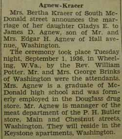 Marriage Notice for AGNEW, James D. to Gladys E. Kraeer, 1 Sep 1936