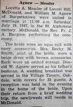 Marriage Notice for William M. AGNEW to Loretta A. Messler, 19 Jul 1947