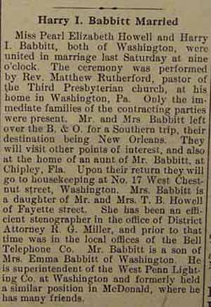 Marriage Notice for Harry I. BABBITT to Miss Pearl Elizabeth HOWELL