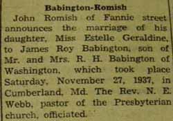 Marriage Notice for James Roy BABINGTON to Estelle Geraldine Romish, 27 Nov 1937