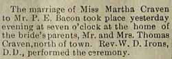Marriage Notice for P. E. BACON to Martha Craven, 26 Apr 1905