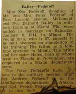 part 2Marriage Notice for Bernard BAILEY to Eva Federoff, 8 Jan 1944