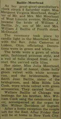 Marrage Notice for William J. BAILLIE, Jr. to Margaret Virginia Moorhead, no date, in 1-1-1937 paper