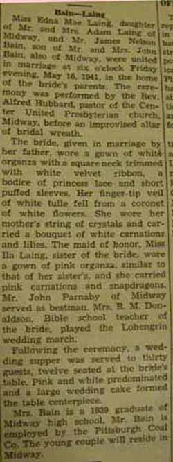 Marriage Notice for James Nelson BAIN to Edna Mae Laing, 16 May 1941