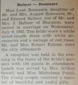 Marriage Notice for Edward BALMER to Leah Bonnaure, 9 Jul 1947
