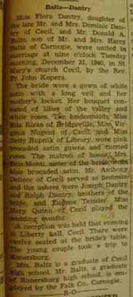 Marriage Notice for Donald A. BALTZ to Flora Dantry, 31 Dec 1940