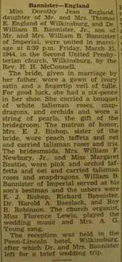 Marriage Notice for William B. BANNISTER, Jr. to Dorothy Jean England, 31 Mar 1944