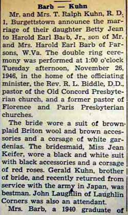 Part 1 Marriage Notice for Harold Earl BARB, Jr. to Betty Jean Kuhn, 26 Nov 1946