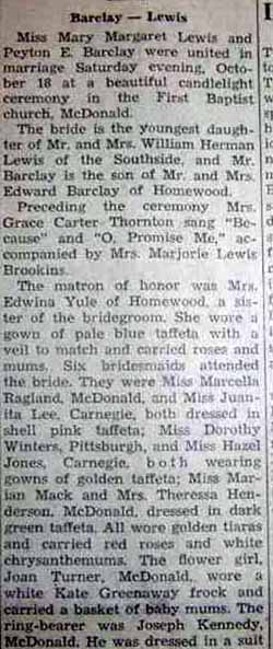 Part 1 Marriage notice for Peyton E. BARCLAY to Mary Margaret Lewis, 18 Oct 1947