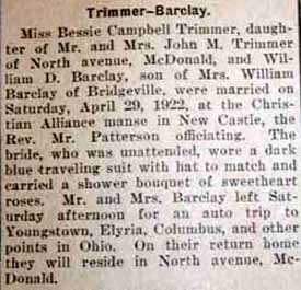 Article 1 Marriage Notice for William D. BARCLAY to Bessie Campbell Trimmer, 29 Apr 1922