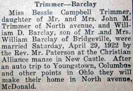 Article 2 Marriage Notice for William D. BARCLAY to Bessie Campbell Trimmer, 29 Apr 1922