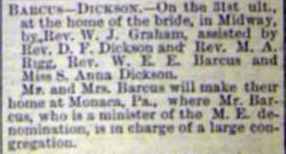 Marriage Notice for W. E. E. BARCUS to S. Anna Dickson, 21 Apr 1894