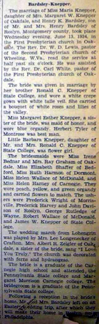 Marriage Notice for Miss Maria KNEPPER and Henry K. BARDSLEY