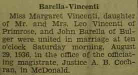 Marriage Notice for John BARELLA to Margaret Vincenti, 29 Aug 1936
