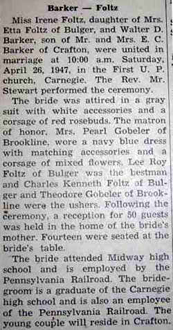 Marriage Notice for Walter D. BARKER to Irene Foltz, 26 Apr 1947