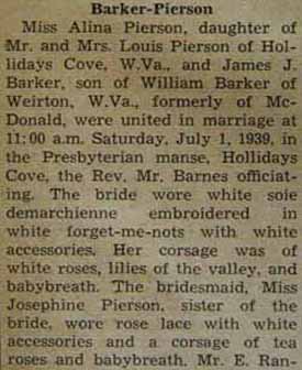 Part 1 Marriage Notice for James L. BARKER to Alina Pierson, 1 Jul 1939