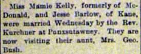 Marriage Notice for Jesse BARLOW to Mamie Kelly, no date, in 2-2-1907 paper