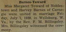 Marriage Notice for Harvey BARNES to Margaret Toward, 7 Jul 1939