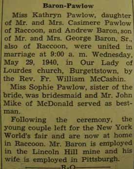 Marriage Notice for Andrew BARON to Kathryn Pawlow, 29 May 1940