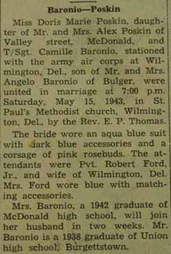 Marriage Notice for Camille BARONIO to Doris Marie Poskin, 15 May 1943