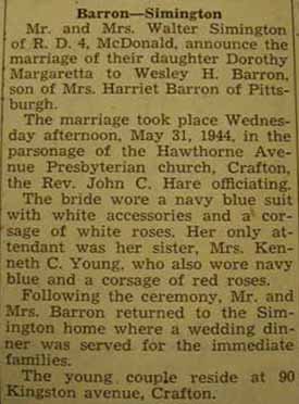 Marriage Notice for Wesley H. BARRON to Dorothy Margaretta Simington, 31 May 1944
