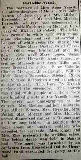 Marriage Notice for Michael BARTECHKO to Anna Yencik, 25 Feb 1924