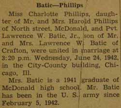 Marriage Notice for Marriage Notice for Lawrence W. BATIC, Jr. to Charlotte Phillips, 24 Jun 1947