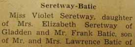 Marriage Notice for Frank BATIC to Violet Seretway, 29 Oct 1939