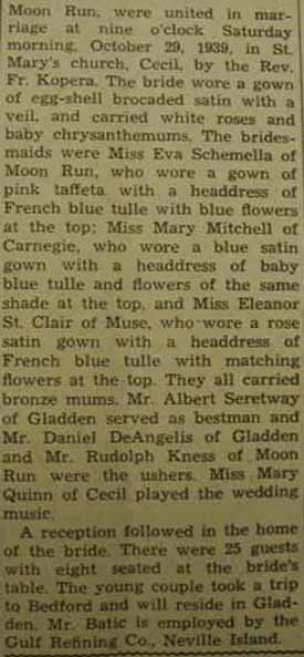 Marriage Notice for Frank BATIC to Violet Seretway, 29 Oct 1939