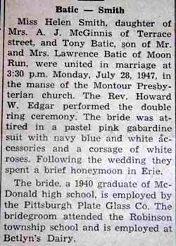 Tony BATIC to Helen Smith, 28 Jul 1947