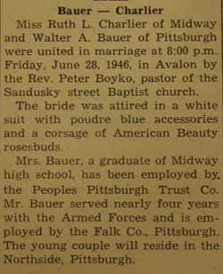 Marriage Notice for Walter A. BAUER to Ruth L. Charlier, 28 Jun 1946