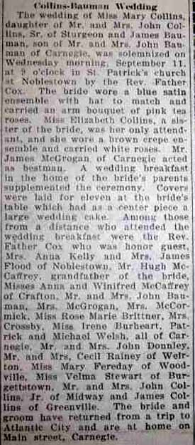 Marriage Notice for James BAUMAN to Mary Collins, 11 Sep 1929