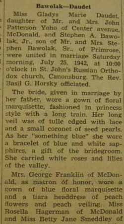 Part 1 Marriage Notice for Stephen A. BAWOLAK, Jr. to Gladys Marie Daudet, 25 Jul 1942