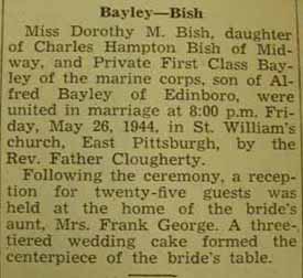 Marriage Notice for Mr. __ BAYLEY to Dorothy M. Bish, 26 May 1944