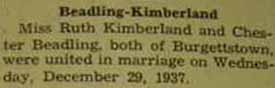 Marriage Notice for Chester BEADLING to Ruth Kimberland, 29 Dec 1937