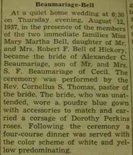 Part 1 Marriage Notice for Alexander C. BEAUMARIAGE to Mary Martha Bell, 12 Aug 1937