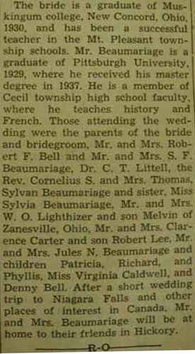 Part 2 Marriage Notice for Alexander C. BEAUMARIAGE to Mary Martha Bell, 12 Aug 1937