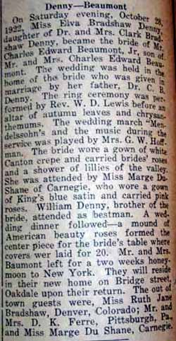 1st Article Marriage Notice for Charles Edward BEAUMONT, Jr. to Elva Bradshaw Denny, 28 Oct 1922
